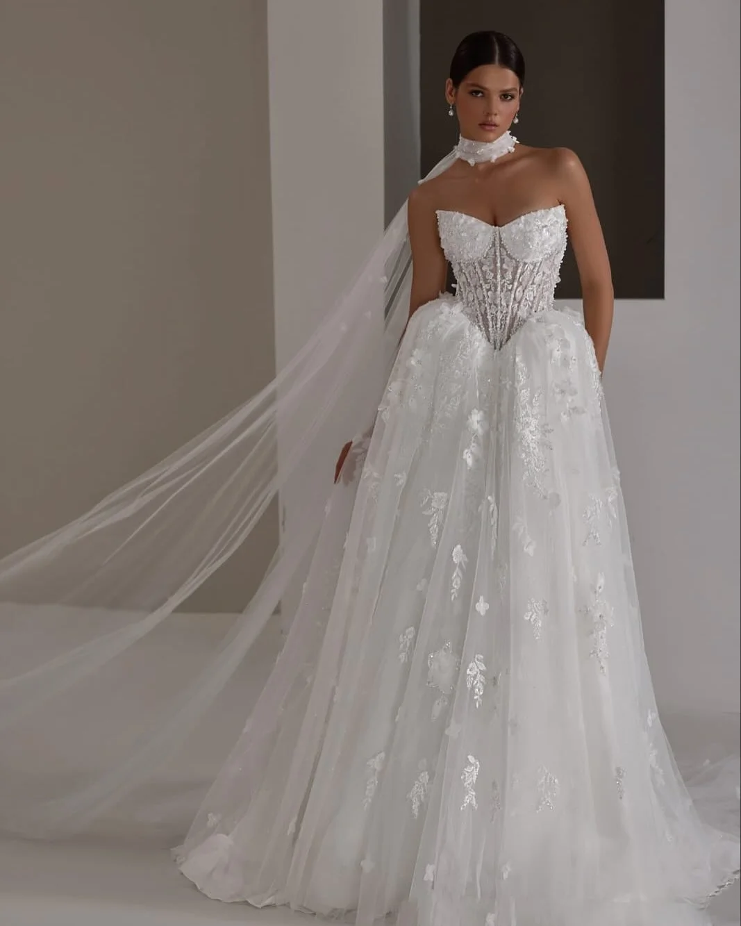 Tokyo Strapless Beaded Pearls Ball Gown Wedding Dress Floral Applique with Neck Scarf Bridal Gown Formal Church Ceremony Dress