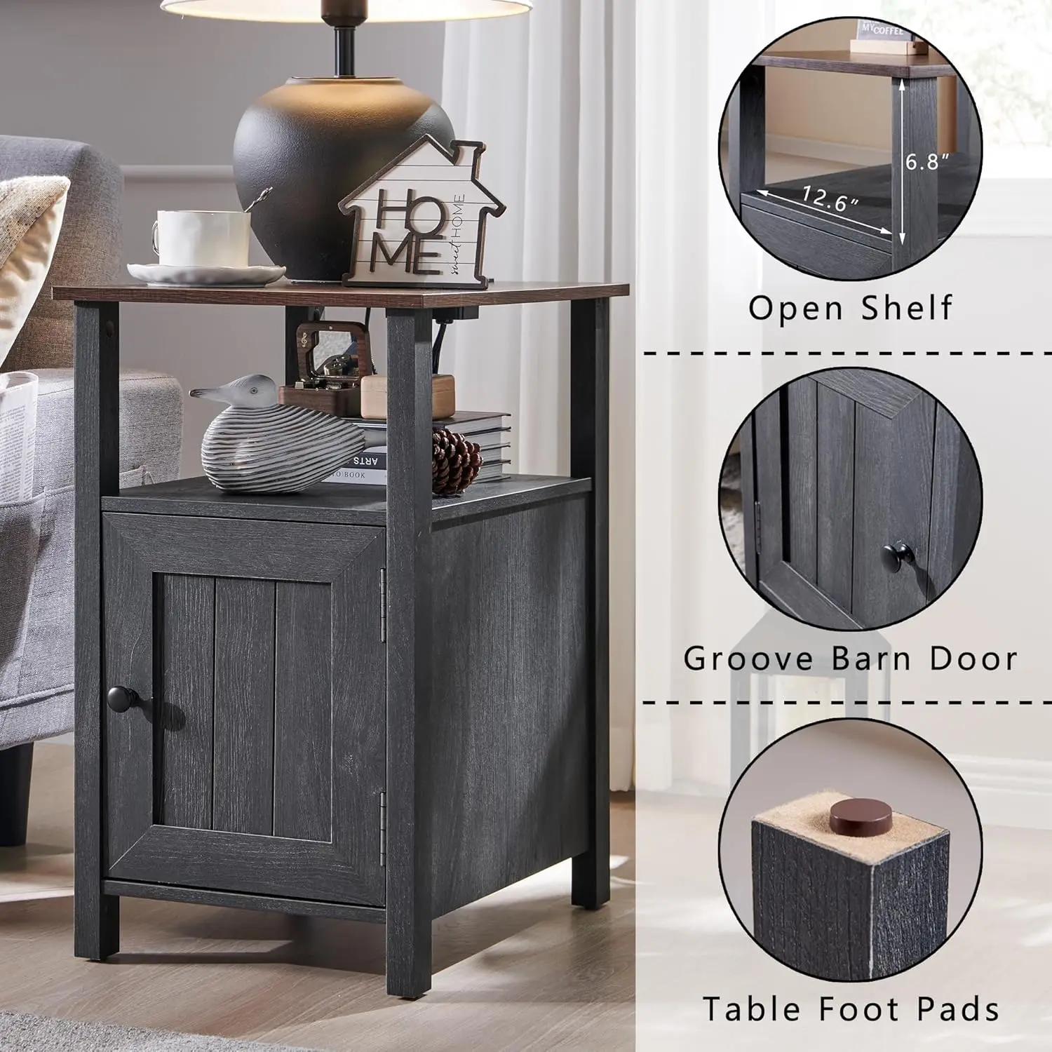 Farmhouse Nightstand Set of 2, Rustic Side Table with Charging Station, Barn Door & Open Shelves, Dark Grey