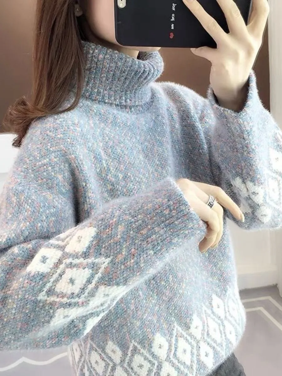 

High Collar Thickened Fleece Women's Knitted Sweater Loose Fit Autumn Winter Layering Set Versatile Comfortable Cozy Ensemble