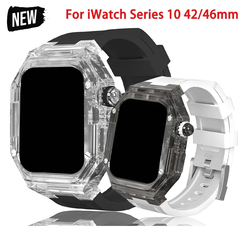 Kit de modificação transparente pulseira de capa para apple watch s10 42mm 46mm mod case band para iwatch série 10 pulseira de silicone