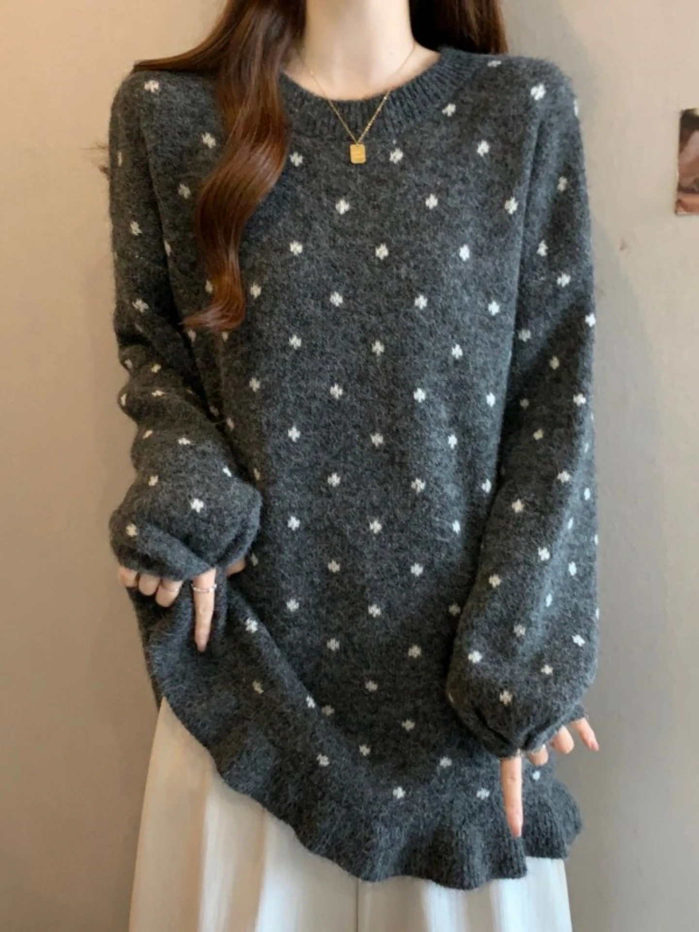

Gray Polka Dot Long Sleeve Sweater Women's Spring Autumn New Style plus Size Conceal Belly Knitted Top Casual Korean Loose Fit