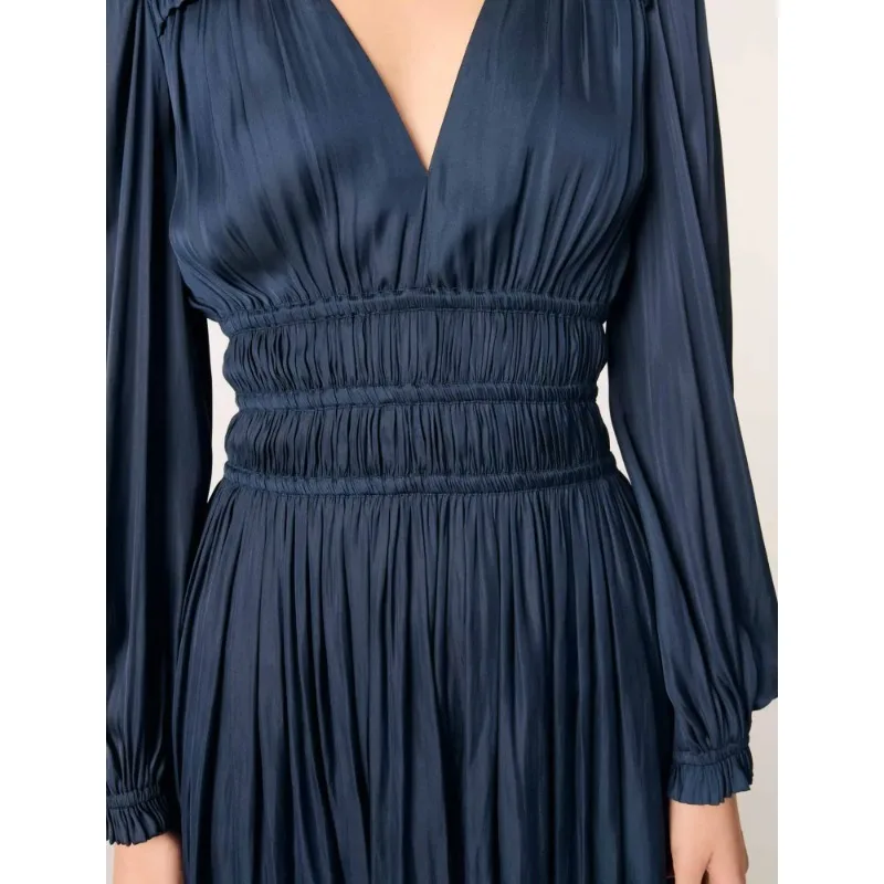 Vestido de mujer elegante de diseñador de lujo, tela de seda simulada con cuello en V para fiesta y vacaciones, ropa femenina glamurosa de Color sólido