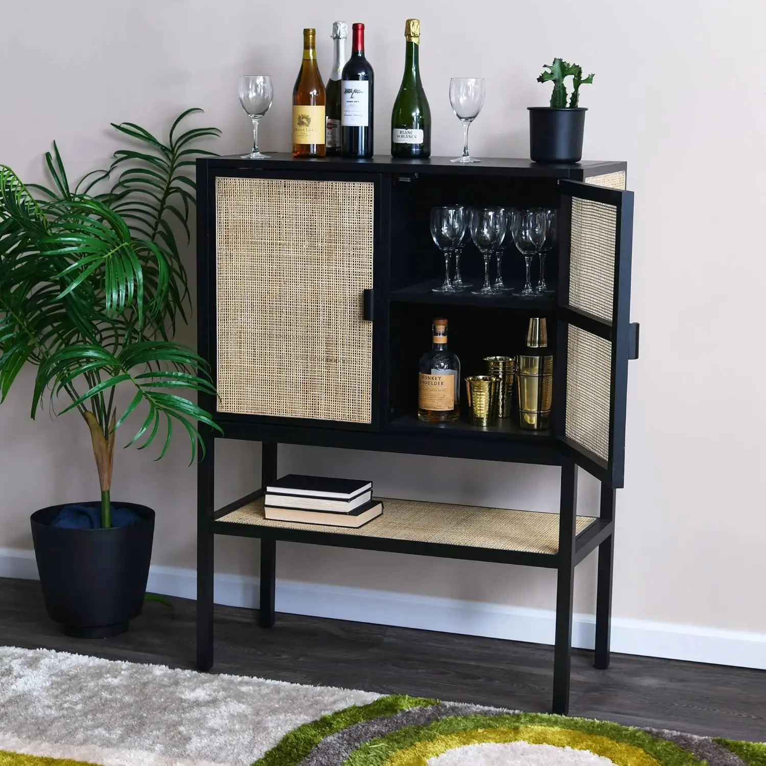 Pine Wood Natural Rattan Detail Cabinet, Black
