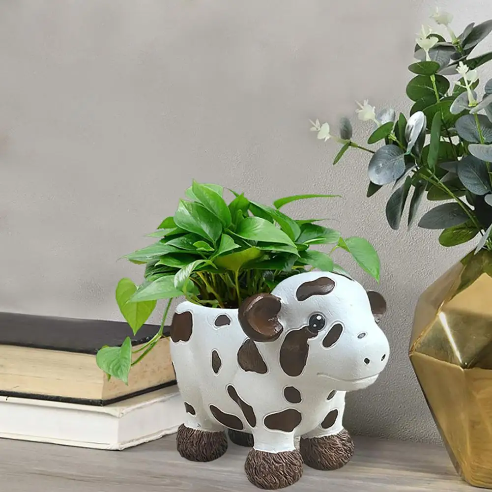 Rustic Sculpture Funny Cow Planter Pot for Home Garden Decor Realistic Resin Flowerpot with Uv-resistant Non-fading Design