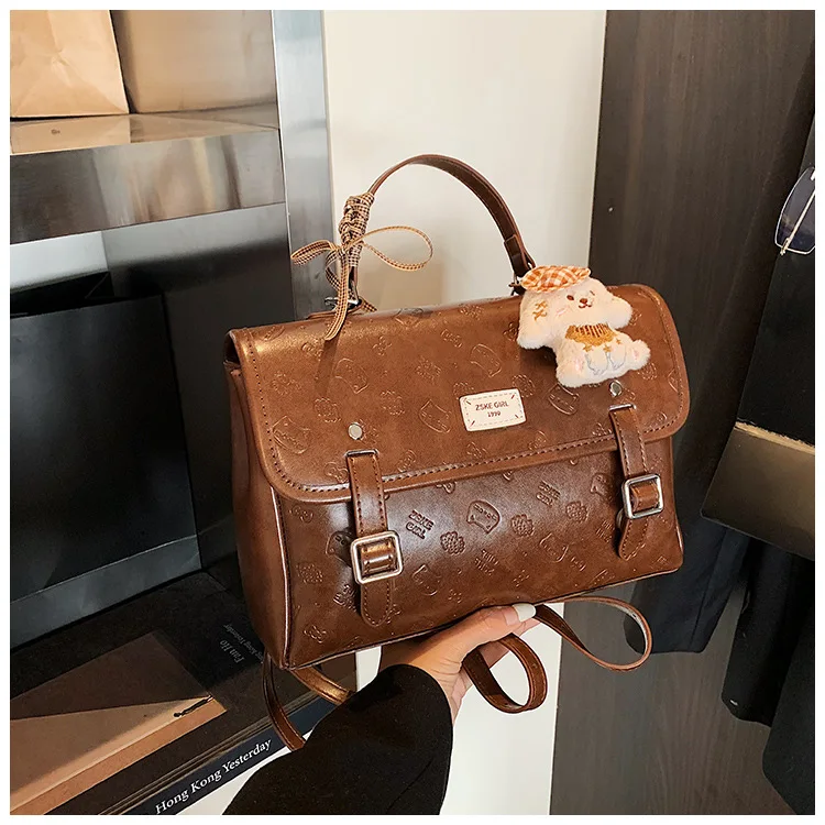 British College Style Backpack Women PU Leather Embossed Satchel Flap Bag Adjustable Strap Top Handle Daily Campus Office Travel