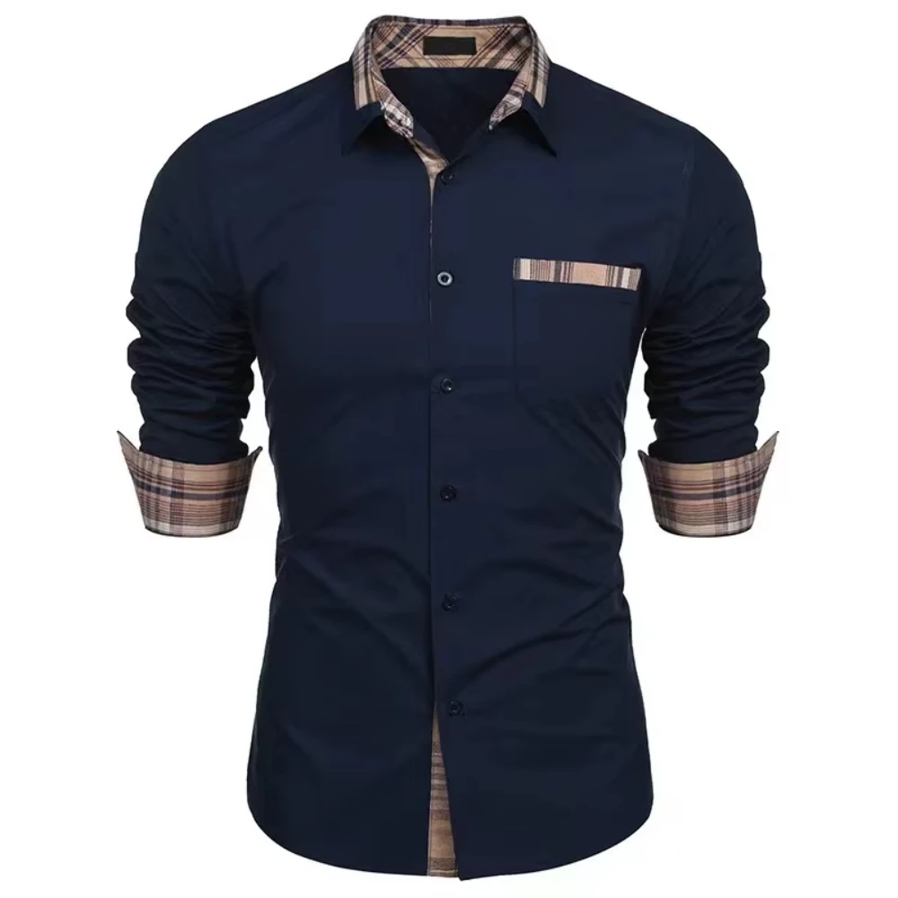 Men's color blocked casual long sleeved shirt for business travel, men's design simple and fashionable solid color shirt, large