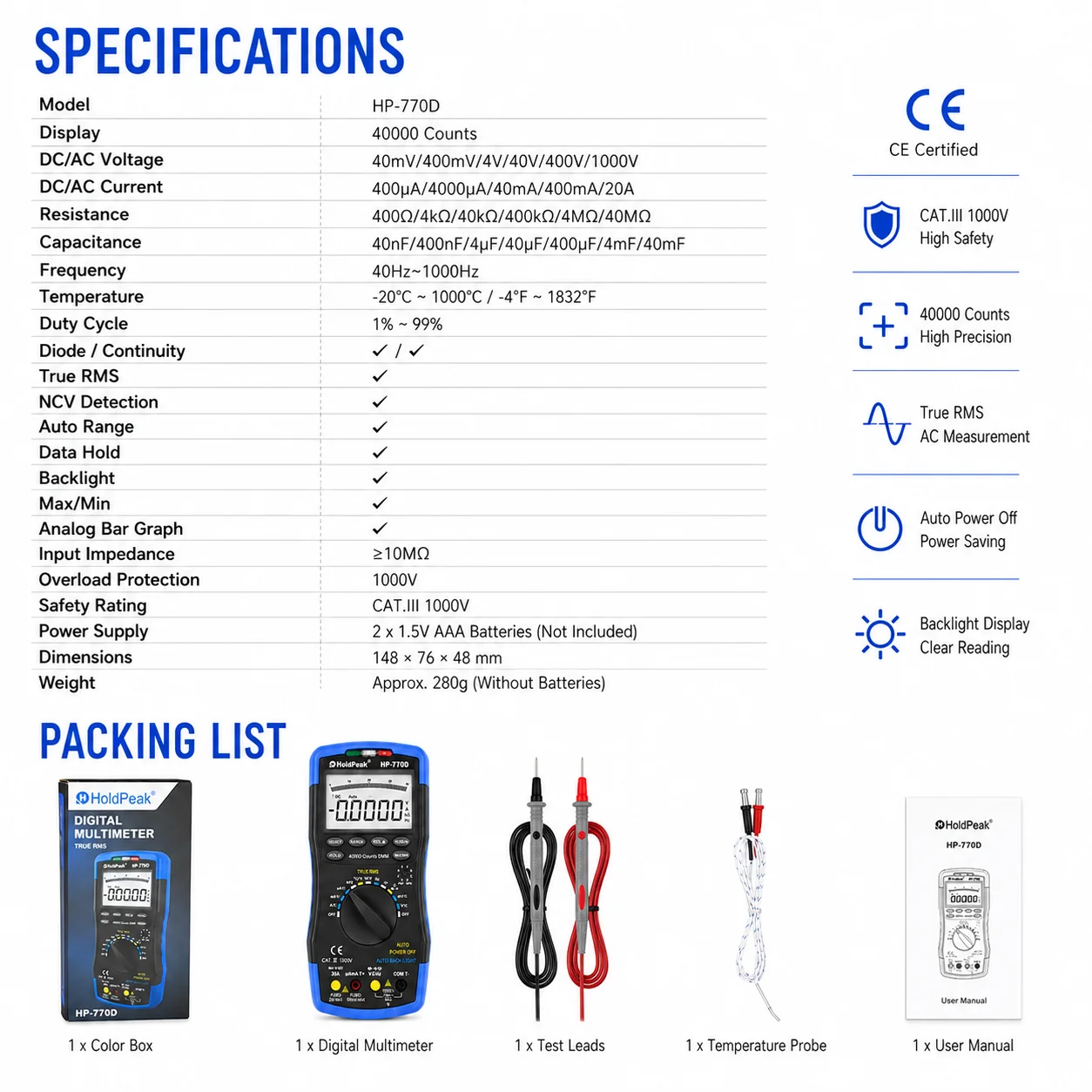 HP-770D True RMS Digital Multimeter 40000 Counts Auto Range NCV HVAC Voltage Current Tester with Temperature Test Capacitance