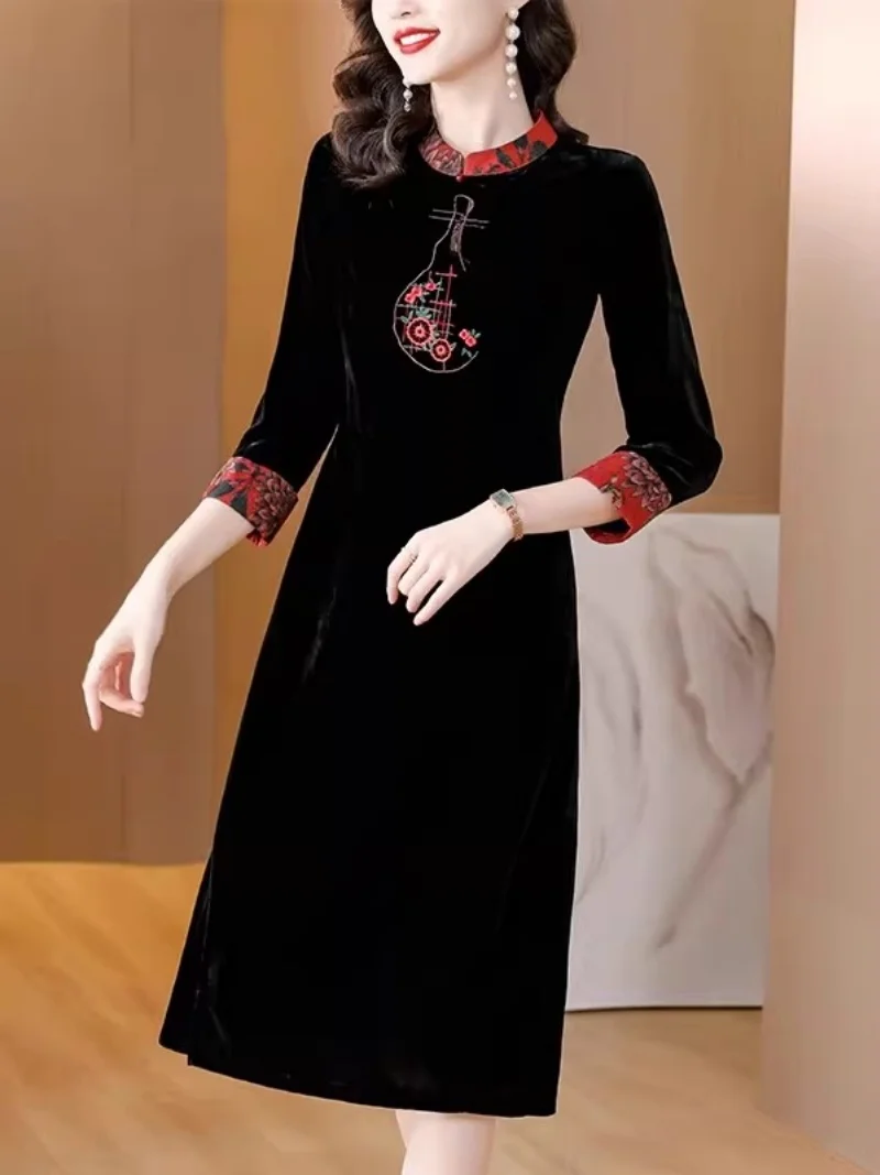 

Женское улучшенное платье Ципао с золотым бархатным вышитым воротником-стойкой, вечернее платье для свадебного гостя (w1880)