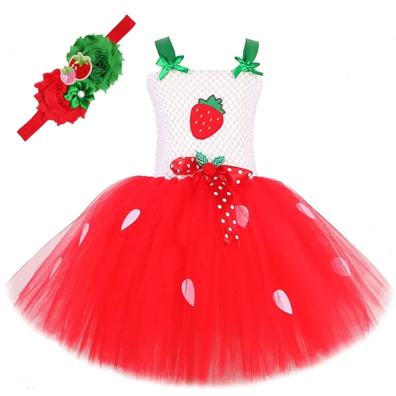 Strawberry Fruit Tutu Dress With Matching Hairband Birthday Halloween Christmas Princess Stage Party Costume Clothes view 3