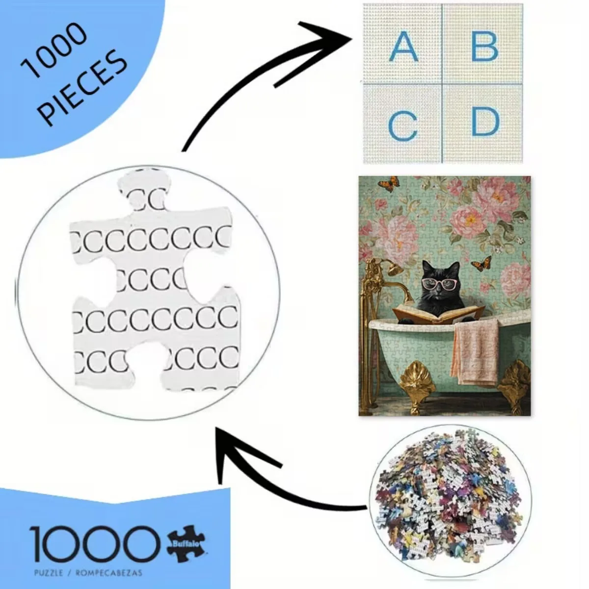 Rompecabezas de papel de 1000 piezas |   Lindo gato negro que lee en la bañera, fondo floral, rompecabezas para adultos de diversión familiar, 27,56 x 19,69 pulgadas,