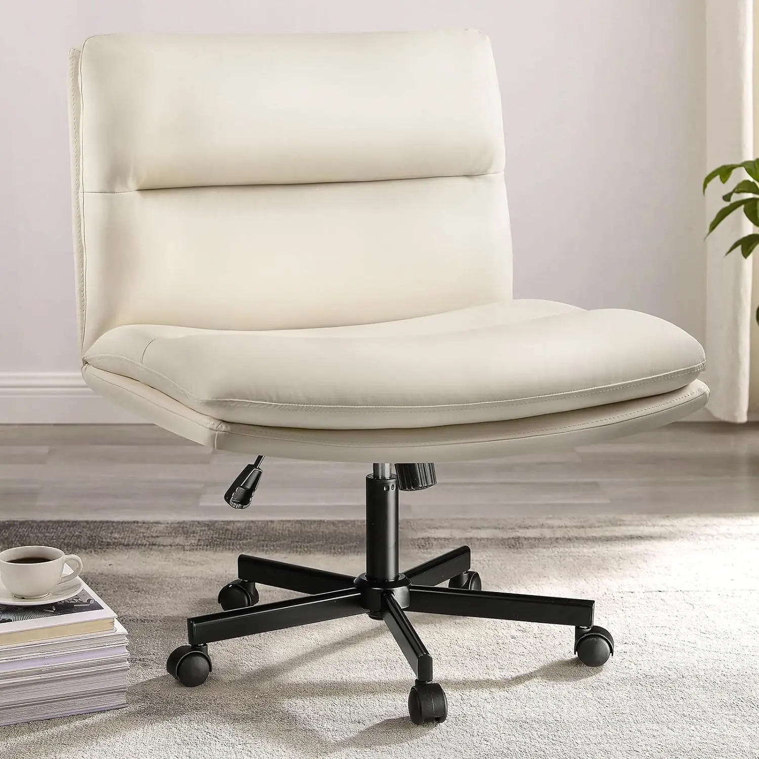 

Chair with Wheels,Armless Cross Legged Office Desk Chair,PU Leather Modern Swivel Height Adjustable Wide Seat Computer