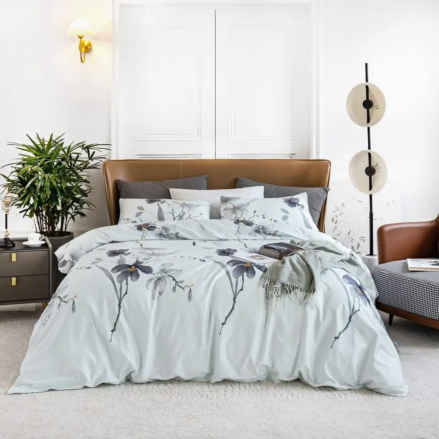 

Grey Flower Duvet Cover King 100 Egyptian Cotton 3 Pcs Set 1 Light Blue Botanical Duvet Cover with Zipper Ties 2 Pillowcases Far