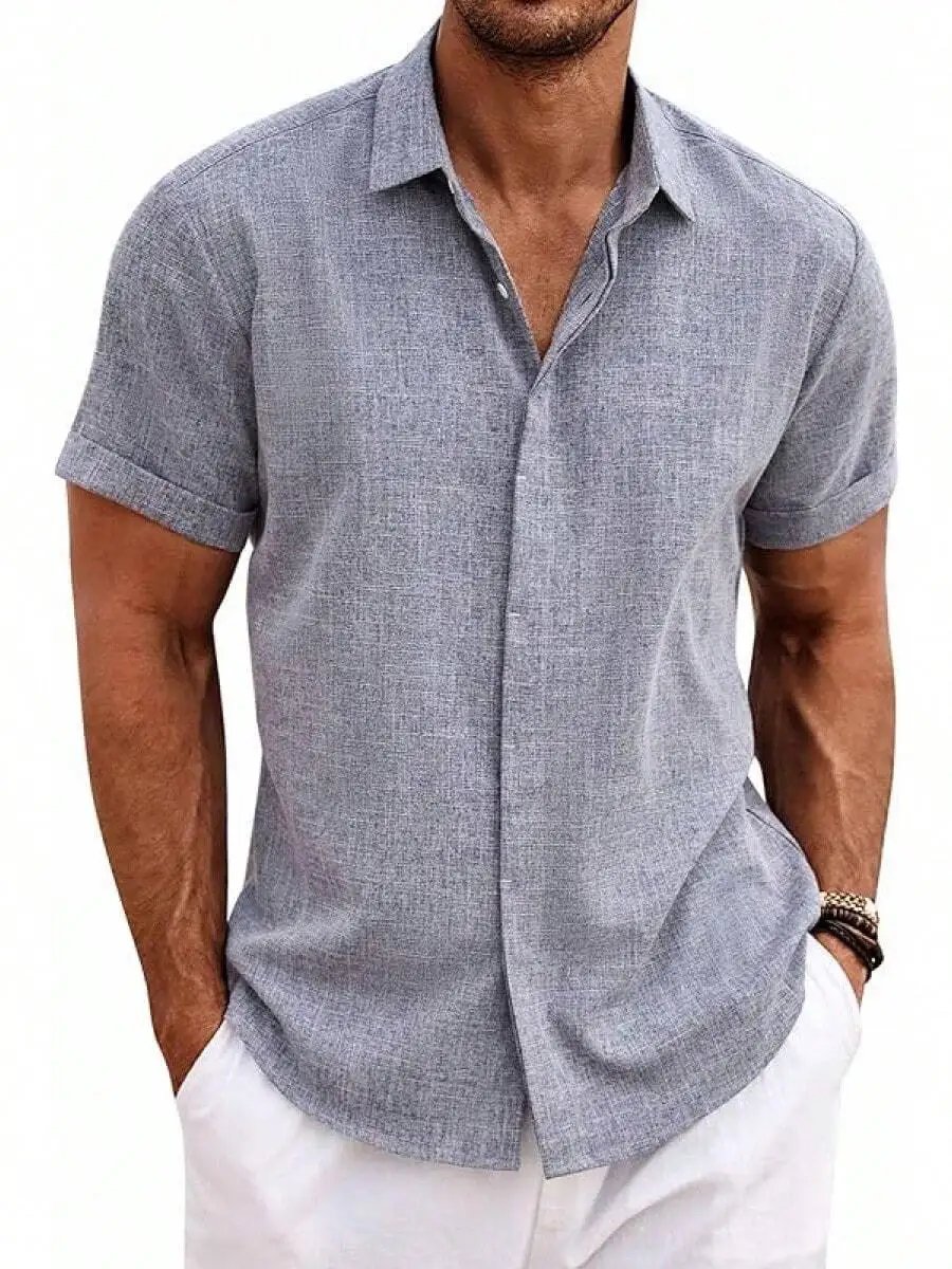 

Mens Linen Cotton Short Sleeve Button Down Shirt Casual Beach Summer Top