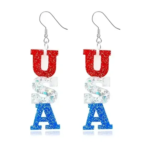 Classic Fashion Red White Blue Alloy Letter Studded Diamond Geometric Shape Earrings Ladies Graduation Gift