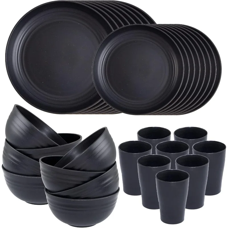 

Wheat Straw Dinnerware Sets,Unbreakable Dinner Plates for 8,Microwave Dishwasher Safe,Reusable Dinnerware,Black Set 16pcs Plates