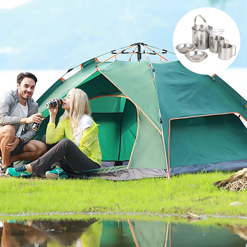 

Portable Kettle Cookware Set Picnic Stainless Steel Cup Bowl Silver Tableware Travel
