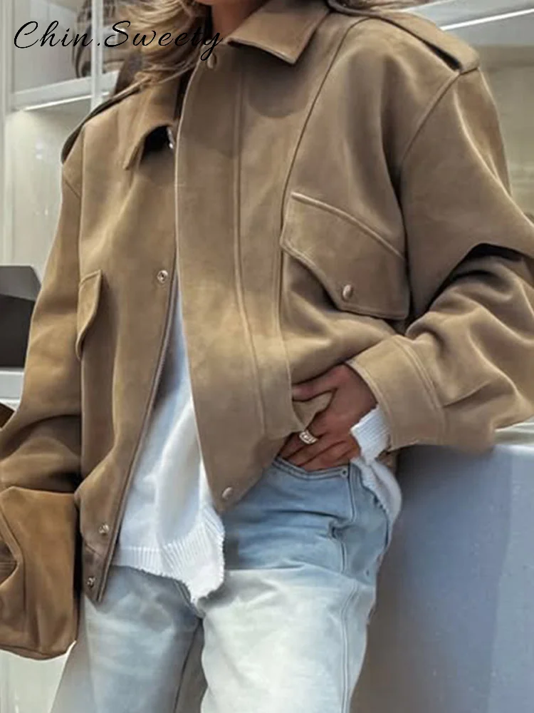 Chaqueta Bomber de ante con una hilera de botones para mujer, abrigo holgado con solapa y bolsillos de manga larga, prendas de vestir elegantes para ir al trabajo para otoño 2025