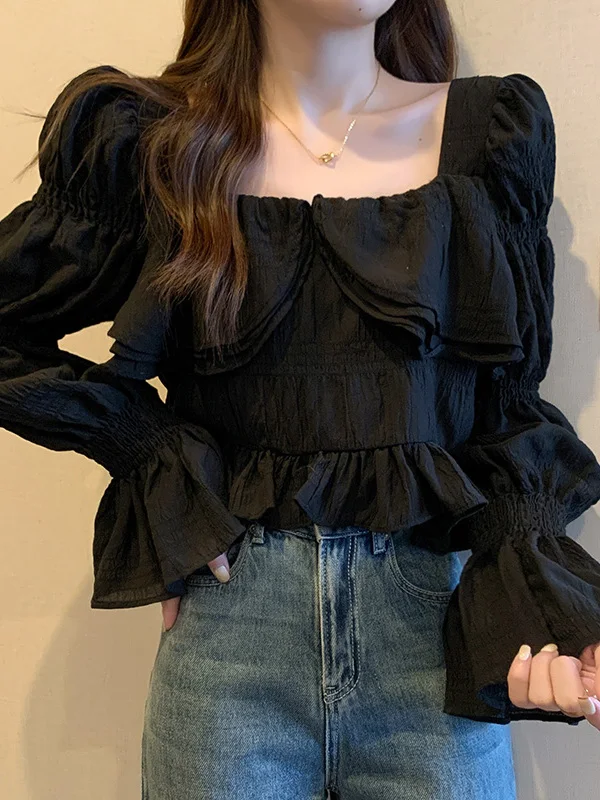 

plus Size Women's Bubble Sleeve Long Sleeve Shirt Square Collar Early Autumn Design Sensation Gored Hemline Korean Style Stra...