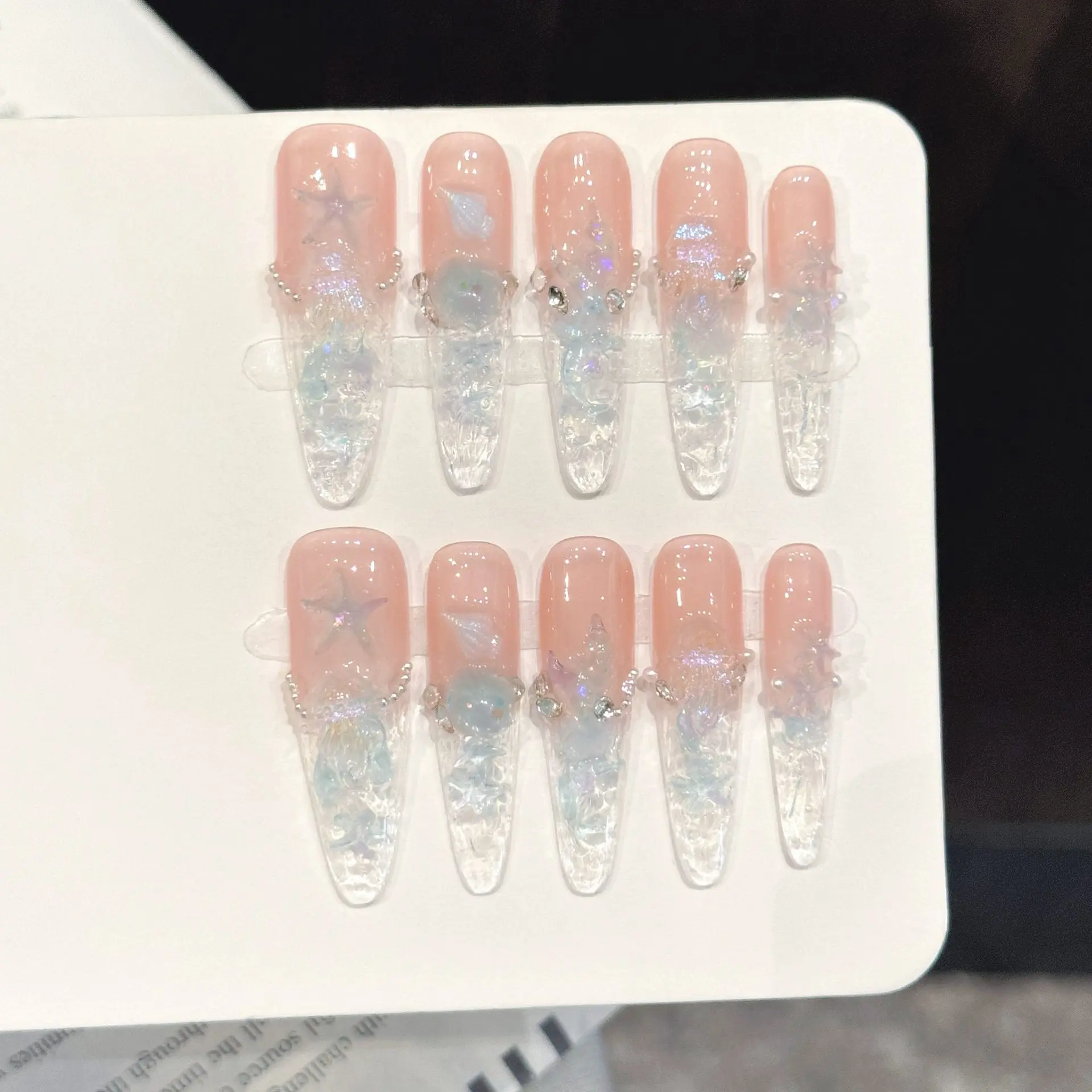 10PCS Stiletto/Oval Handmade Press On Nails,Peach Bottom Aurora Broken Ice Deep Sea Shell,Suitable For Parties And Daily Wear.