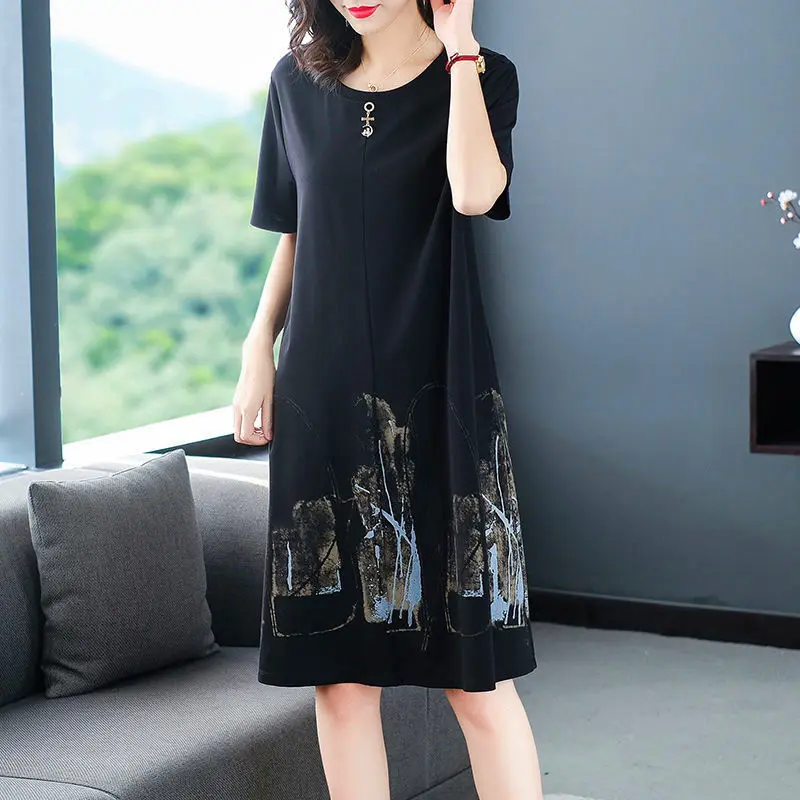 Casual Loose Short Sleeve Dresses Summer Basic O-Neck Women's Clothing Vintage Printed Fashion Bright Line Decoration Midi Dress