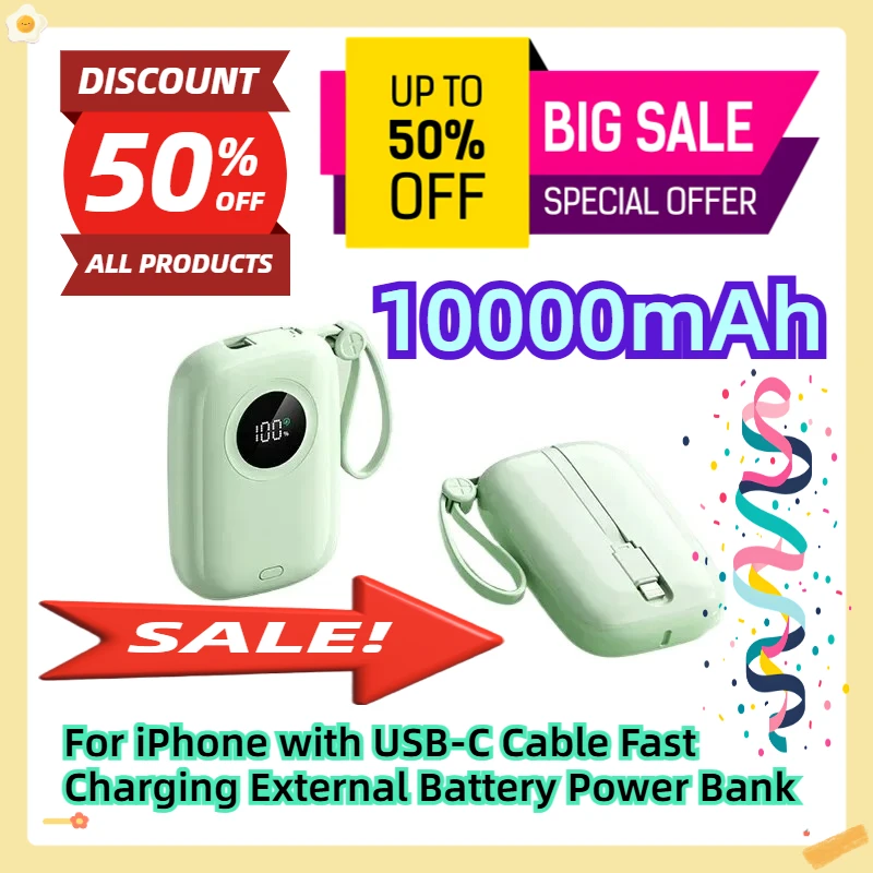 

10000mAh For iPhone with USB-C Cable Fast Charging External Battery Power Bank
