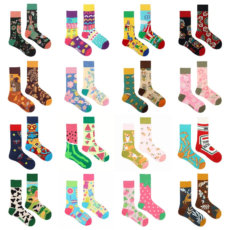 1Pair Unisex Anime Cat Dog Koala Cow Cotton Socks Medium High Tattoo Hipster Unique Cool Strange AB Socks