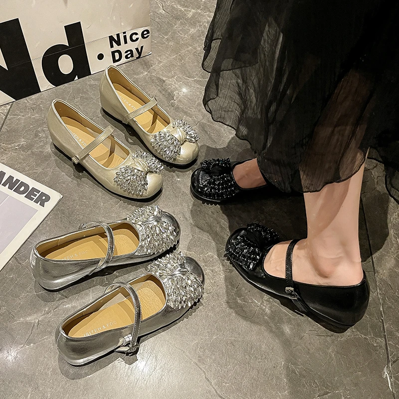 

Кожаные туфли принцессы для девочек, роскошные детские балетки со стразами, модная нескользящая детская обувь на плоской подошве, вечерние женские туфли