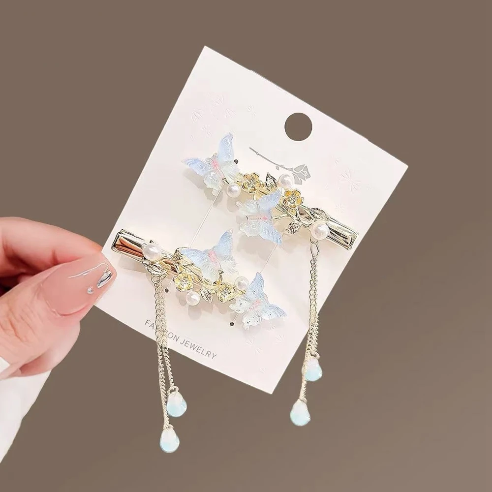 مشبك شعر أنيق على شكل فراشة، مخلب سرطان البحر على الجزء الخلفي من الرأس، دبوس شعر لؤلؤي، مشبك شرابة #3