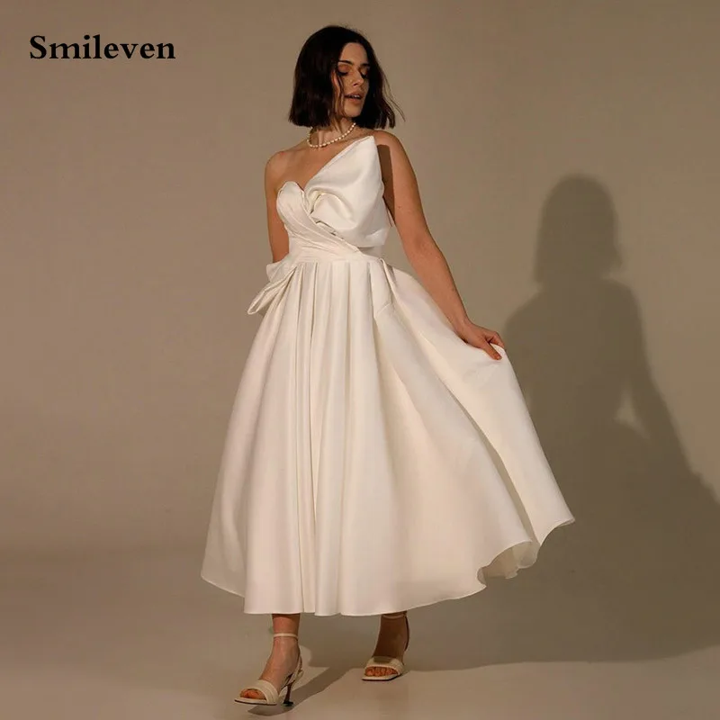 Smileven Short Wedding Dress Desighed Pleats Satin Bride Dresses Modest vestidos de novia Ankle Length Princess Bridal Gowns