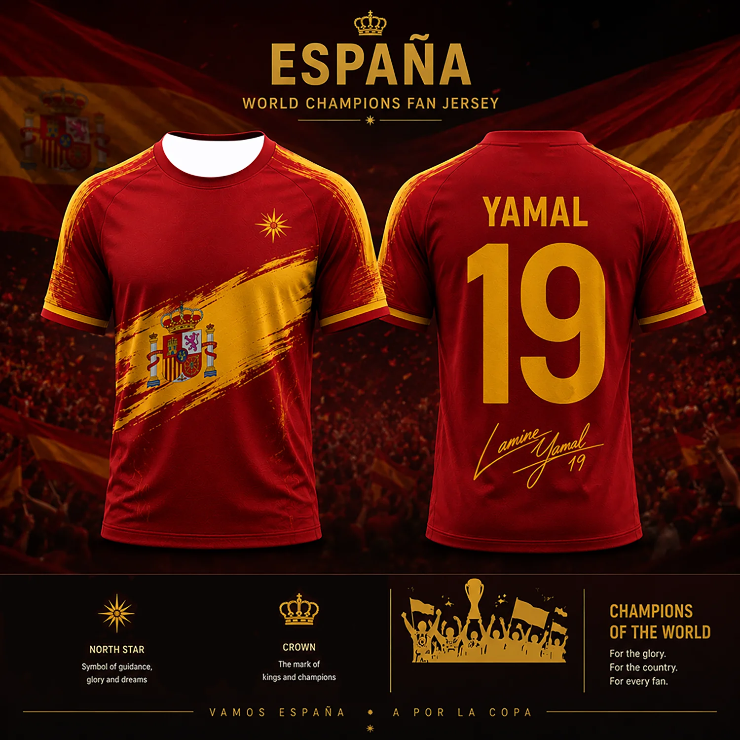 T-shirt des champions d'Espagne 2026 pour hommes, femmes et enfants, impression 3D, polyester, manches courtes, séchage rapide, respirant, maillot de football, cadeau pour les fans