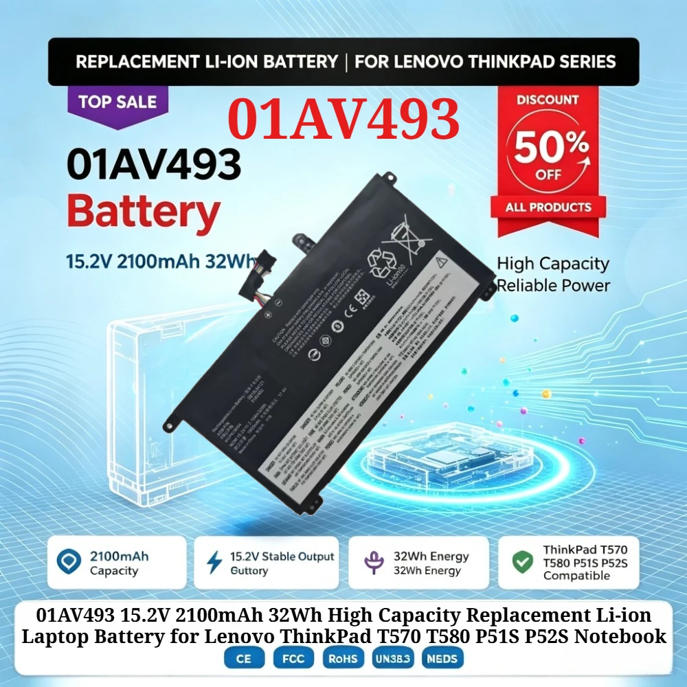 01AV493 15.2V 2100mAh 32Wh High Capacity Replacement Li-ion Laptop Battery for Lenovo ThinkPad T570 T580 P51S P52S Notebook