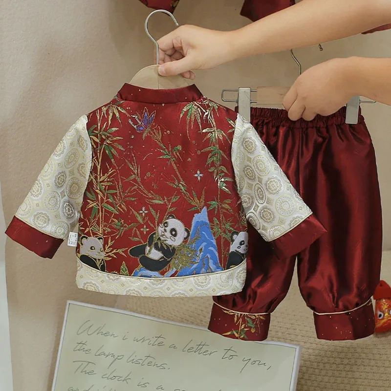 2Piece Spring Fall Toddler Boy Outfits Chinese New Year Cartoon Panda Embroidery Long Sleeve Tops+Pants Baby Clothing Sets B367