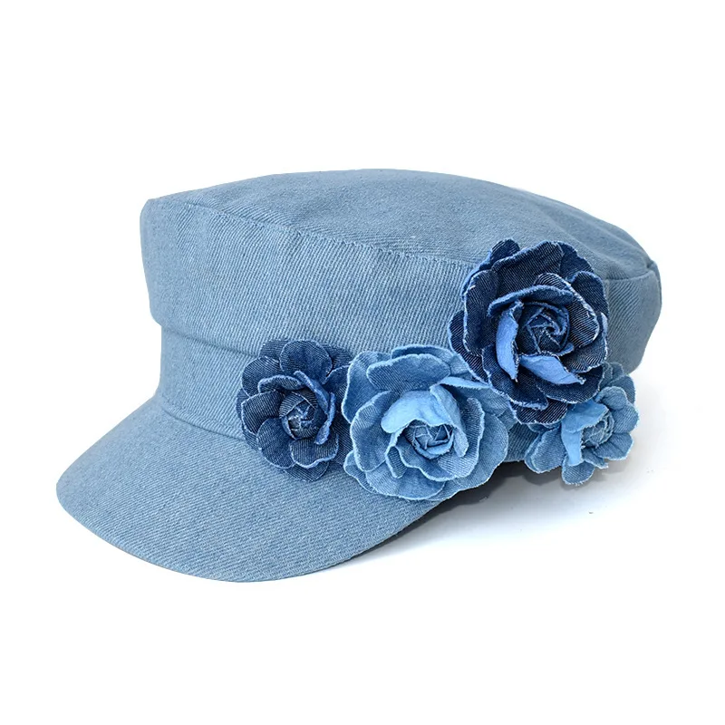 Modische Denim-Baskenmütze mit dreidimensionaler Blume, flacher Schirm, Sonnenhut, Gesichtsverkleinernd, Outdoor-Damen-Kapitänsmütze im Militärstil – Detail 6