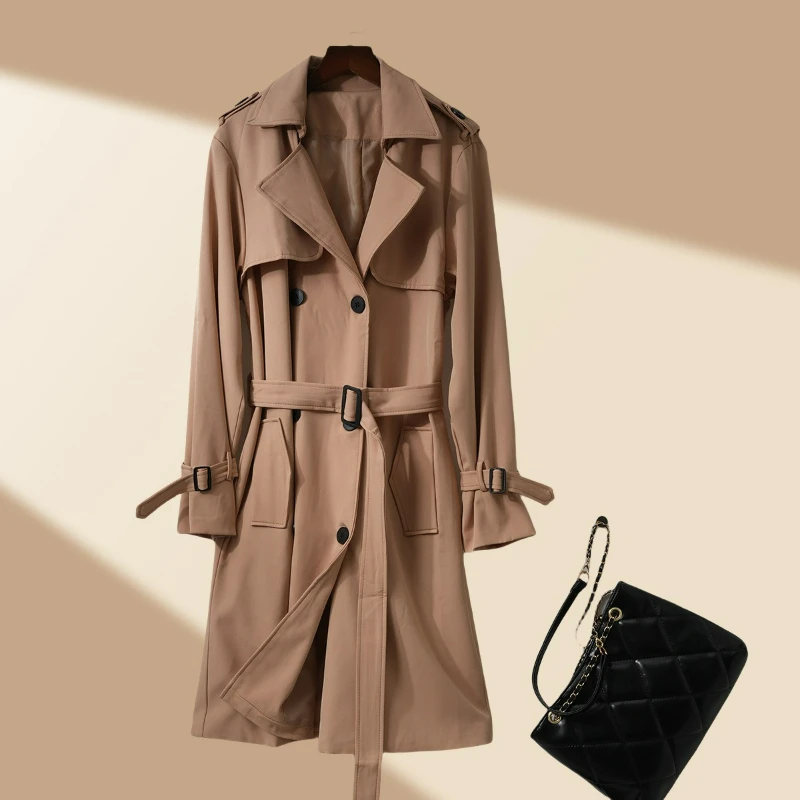 Long Trench Coat Women Belt Button Coats Full Sleeve Turn Down Collar Splice Jackets Solid Pockets Office Lady Streetwear Autumn
