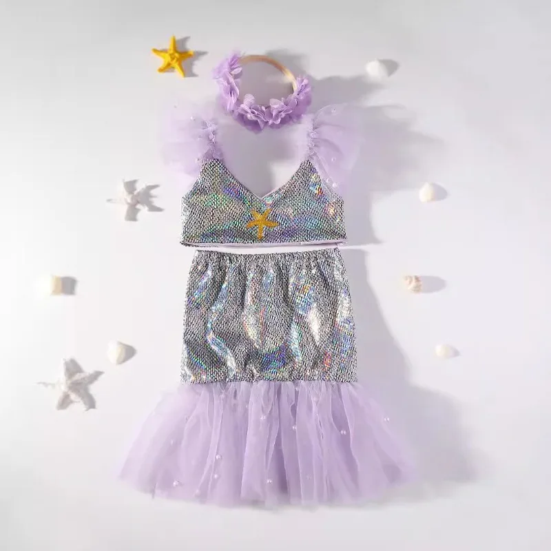 Set da 3 pezzi per bambina appena nata, set di abiti da sirena con stelle marine in rete di perle, fascia superiore, abbigliamento fotografico per neonato