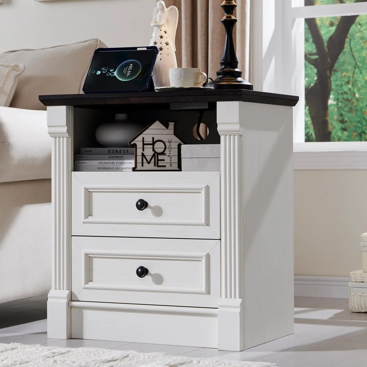 Tall Nightstand with Charging Station, Farmhouse 23.6