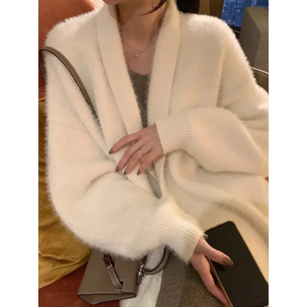 Faux Mink Cashmere Cardigan Autumn Winter Clothes Women Soft Loose Lazy Long Coat Thick Warm Knitted Sweater Outwear