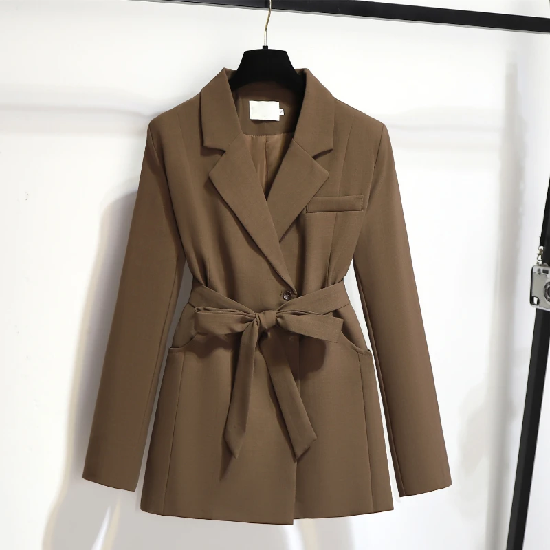 Office Ladu Solid Belt Suits Business Casual Formal Vintage Thick Blazers Autumn Winter Loose Commute Fashion Jacket Coats