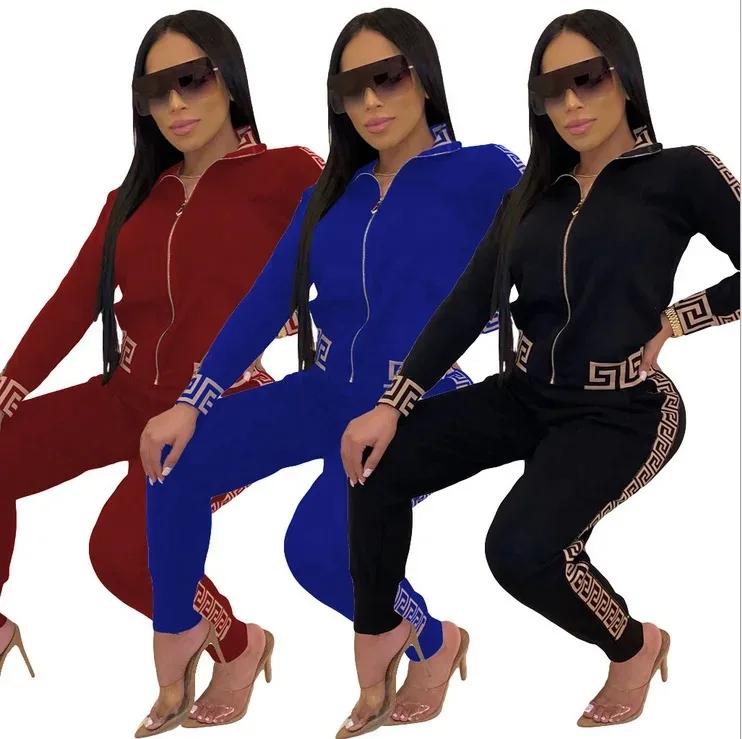 

2026 Y2K Tracksuit Women Elegant Two Piece Set Female Stylish Plus Size Greek Fret Print Coat & Pant Sets Jogging Suit