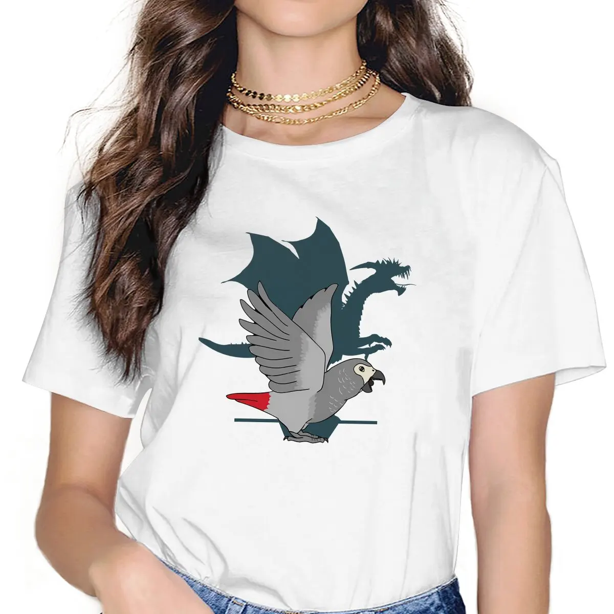 African Grey Dragon Shadow Women TShirt Parrot Birds Pet Girls Y2k Basic Tees O-neck Polyester Female T Shirt Funny Gift