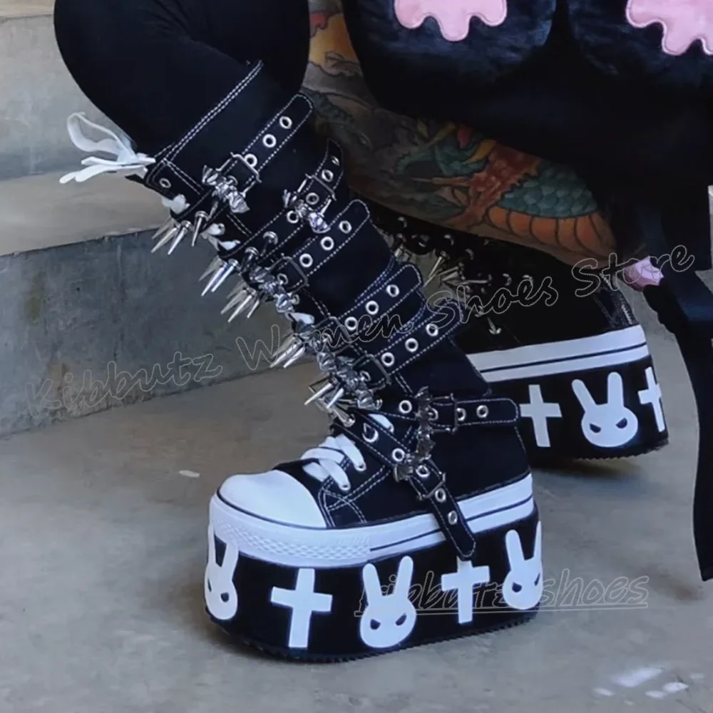 

Knee High Boots Platform Mixed Color Lace-Up Fashion Luxury Elegant Novelty Concise Women Shoes Thick Bottom Patchwork Round Toe