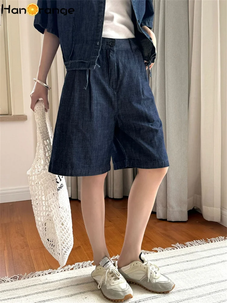 HanOrange 2024 Summer Retro Deep Blue Wide Leg Denim Capris Women Loose Silhouette Casual Knee Length Jeans