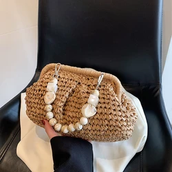 Straw Handbags for Women Fashion Beach Solid Color Purse Female Korean Designer Aesthetic Luxury Beaded Bags Sac A Mains Femme