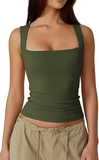 Street-Style Hot Girl Mode Quadratischer Ausschnitt Basic Slim Fit Ärmelloses Tanktop Basis-Layer – Detail 2