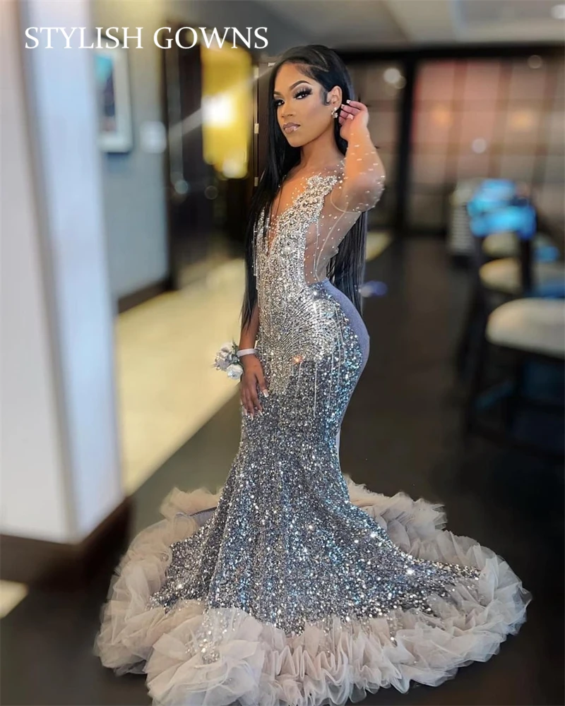 Luxury Silver O Neck Long Prom Dress Sequined Evening Gowns Bead Birthday Party Gown Ruffles Celebrity Dresses Customized