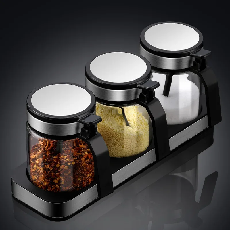 

# High Temperature Resistant Glass Seasoning Jar Set, With Base Seasoning Bottle Stainless Steel Seasoning #