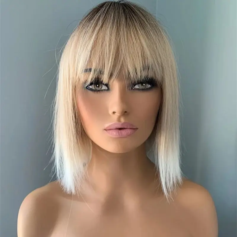 

Ombre Blond Straight Bob Wig 613 Short Bob Wig With Bangs 100% Human Hair Brazilian Straight For Women Honey Blonde HD Lace Wigs