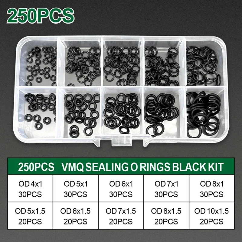Bathroom Sink Tap Leak Repair Kit 250Pcs Black VMQ Silicone O-Rings CS1/1.5mm Waterproof Plumbing Pipe Sealing Washers