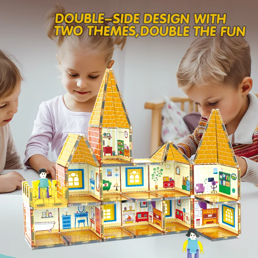 Kinderschloss Villa Magnetblatt Baustein farbiges Fenster magnetische Anziehung Jungen und Mädchen zusammengebautes Spielzeug