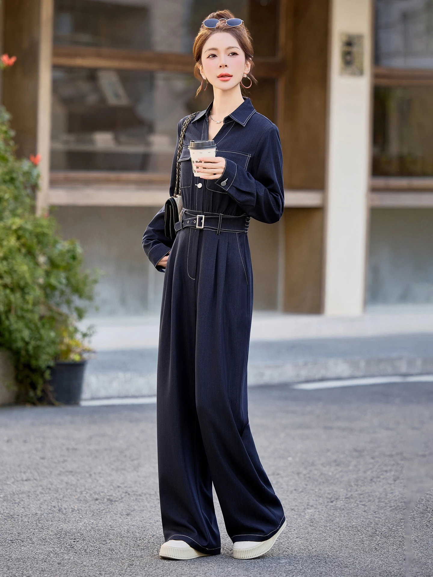 

High Waist Denim Overalls Women's Spring Autumn New Slimming Wide Leg Long Pants One-Piece Suit High Quali Cotton Fabric